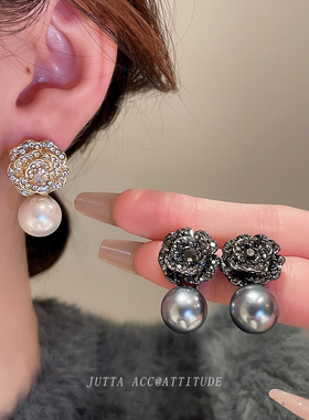 山茶花珍珠耳钉女满钻轻奢花朵耳环小众时尚气质法式复古高级感潮