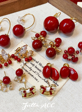 安可拉红色耳饰耳环女耳钉过新年2026秋冬高级感复古显白银针爆款