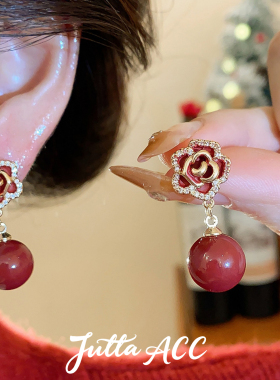 山茶花耳饰红色耳坠小香风耳环新娘2026年新款过年高级感气质复古