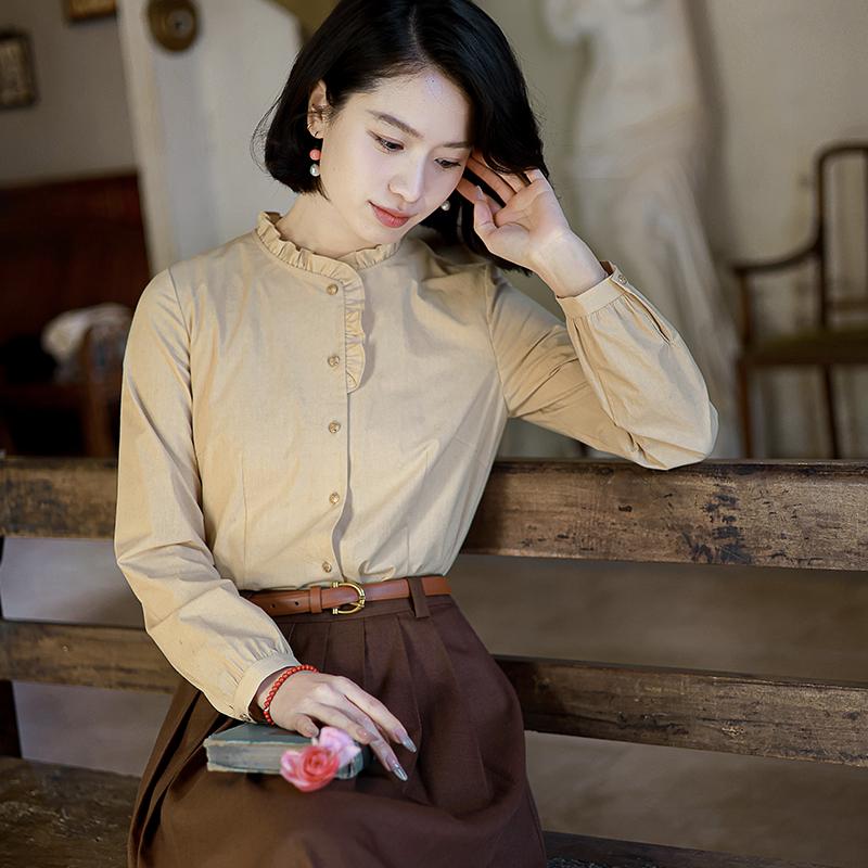 G25C-010【星辰月色】瓷片高端复古文艺奶油黄色棉浪漫衬衫