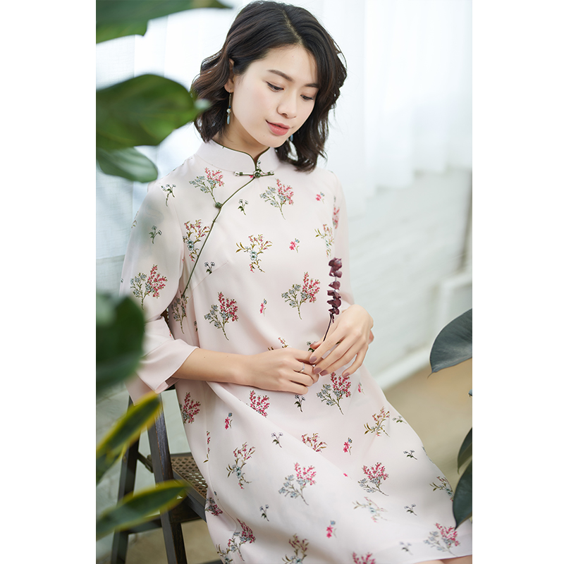 旗袍裙北京瓷片文艺印花中式A字