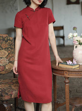 G25S-022【石榴裙】瓷片高端复古文艺轻中式天丝亚麻红色旗袍