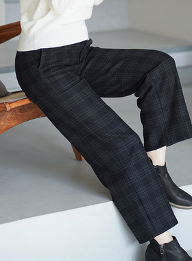 G21D-012【夜阑】瓷片高端文艺羊毛混纺墨绿色格子直筒裤