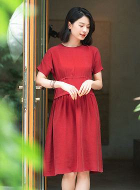 7-G21S-050【诗与花】瓷片高端复古圆领短袖抽带红色连衣裙