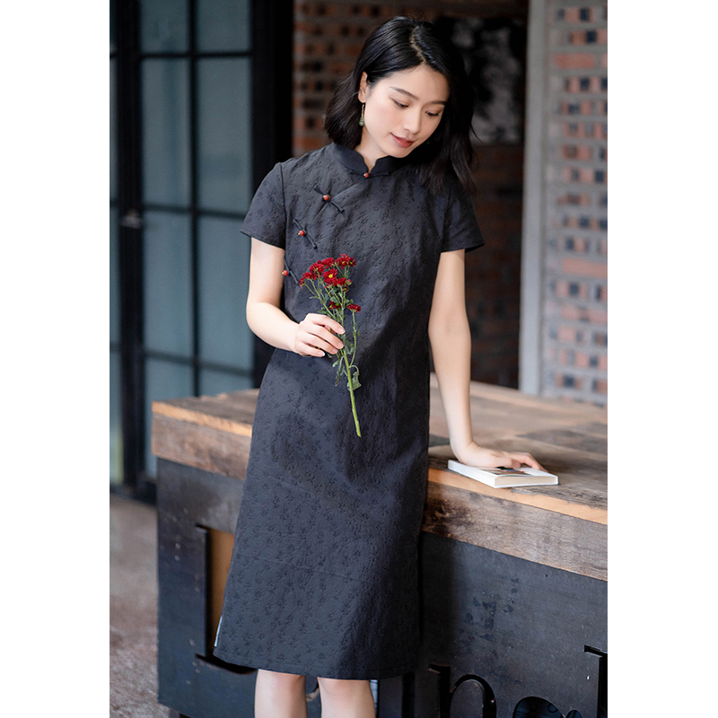 提花短袖蓝色黑色旗袍
