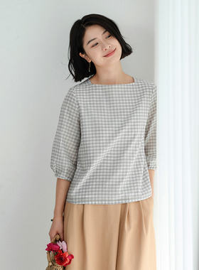 G22S-043【一枝新】瓷片高端复古文艺设计师原创灰白色格子衫
