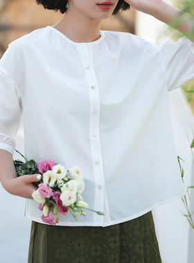 7-G22S-001【染烟霞】瓷片高端文艺设计师原创白色圆领衬衫