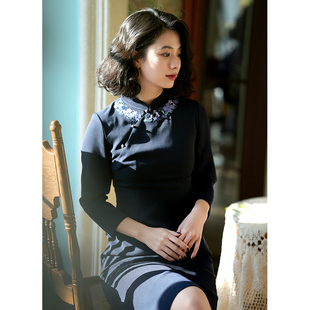 瓷片高端复古文艺设计师原创绣花旗袍裙 踏清风 G23C 009