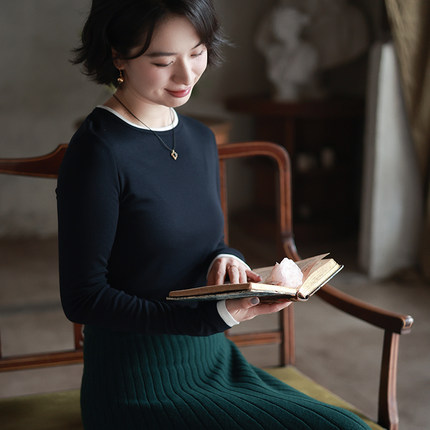 G25D-052【朗月千里】北京瓷片高端复古文艺撞色圆领长袖T恤打底