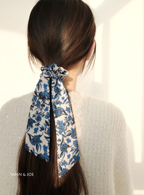 气质蓝色多用途长飘带发圈发带女新款绑马尾发圈头绳春夏碎花皮筋