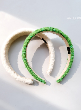 小香风BV绿粗花呢海绵发箍 羊毛奶油米白增高头箍不勒头手工发饰