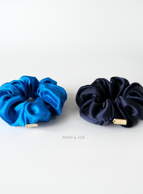 深邃海蓝色真丝发圈 30姆米重磅桑蚕丝大肠圈高端手工头绳女发饰