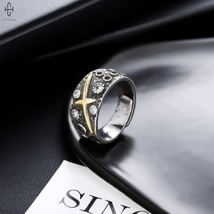 复古开口可调节指环女高级潮流饰品 十字芒星戒指男不掉色个性