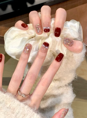 NZ手工定制甲片拆卸穿戴假指甲光疗贴冬季安可拉红色亮片氛围美甲