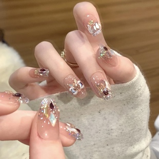 NZ手工定制甲片可拆卸穿戴假指甲光疗新年醒狮冰透琉璃极光钻美甲