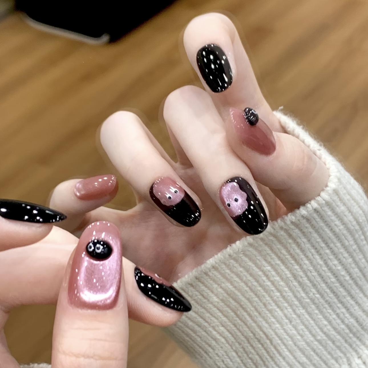 ins可爱小煤球糖豆黑粉美甲