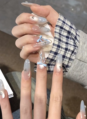NZ手工定制甲片拆卸穿戴假指甲光疗冰透猫眼奶蓝色渐变蝴蝶结美甲