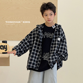中大童韩版 2026春新款 格子衬衣宝宝连帽夹克儿童外套 长袖 男童衬衫