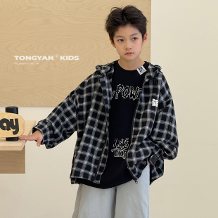 中大童韩版 2026春新款 格子衬衣宝宝连帽夹克儿童外套 长袖 男童衬衫