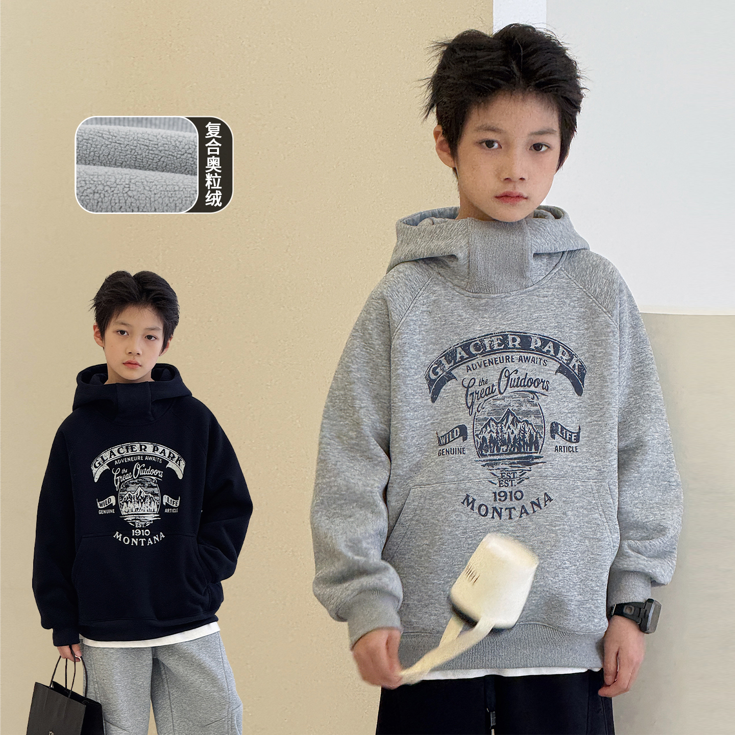 男童加绒卫衣连帽上衣儿童外套冬