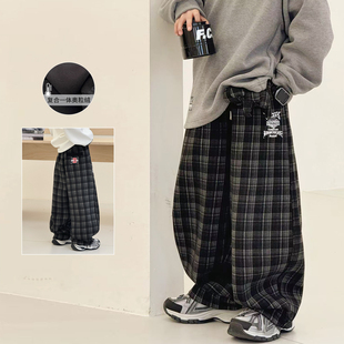 韩版 新款 儿童休闲棉裤 厚运动裤 男童加绒裤 中大童格子裤 子2025冬装