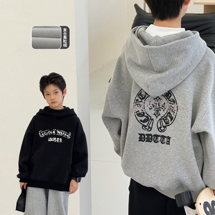 潮酷儿童外套 中大童加厚上衣洋气套头衫 男童加绒卫衣2025冬装 新款