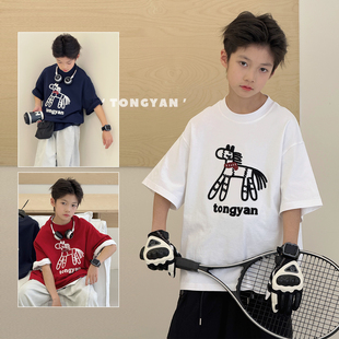 中大童潮酷上衣男孩纯棉儿童半袖 马年新款 薄 T恤2026夏装 男童短袖