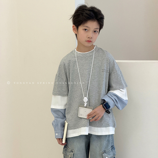 中大童假两件上衣宽松宝宝体恤儿童打底 新款 男童T恤长袖 2026春装