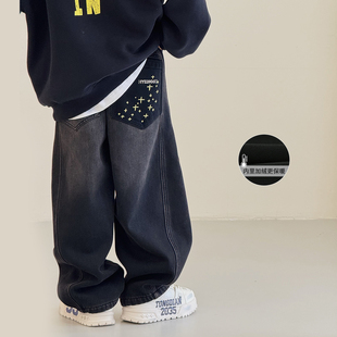 子2025冬装 儿童牛仔裤 新款 加厚老爹裤 中大童一体绒棉裤 男童加绒裤