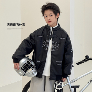 男童加绒外套2025冬装新款潮酷中大童夹克男孩机车风加厚儿童皮衣
