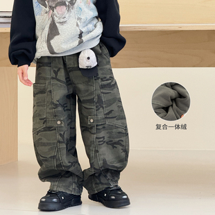 中大童工装 新款 棉裤 洋气老爹裤 男童加绒裤 厚儿童迷彩裤 子2025冬装