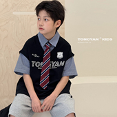 男童T恤短袖 自制儿童假两件上衣学院风薄中大童半袖 2025夏装 新款