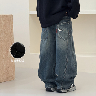 子2025冬装 儿童牛仔裤 新款 一体绒棉裤 加厚中大童老爹裤 男童加绒裤