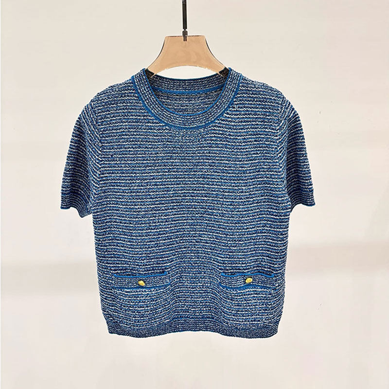 严言｜精细棉质圆领上衣女2025春夏新款简约条纹针织衫短袖短款