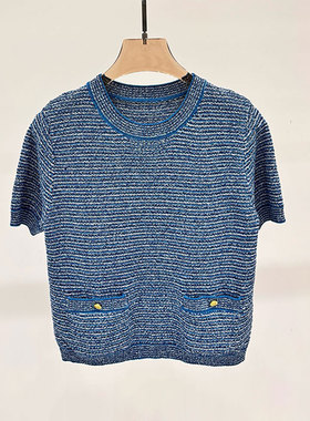 严言｜精细棉质圆领上衣女2025春夏新款简约条纹针织衫短袖短款