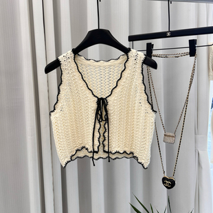 夏日主旋律!100%精梳棉度假风镂空钩花系带针织马甲短款女夏薄