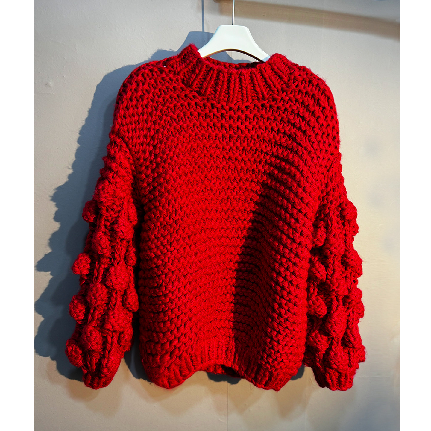 纯手工编织！新年战袍红色粗毛线棒针毛衣女秋冬加厚宽松针织衫