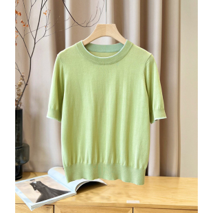 55棉 45桑蚕丝%女装 2024早春新款 之 短袖 纱 丝棉套头针织衫 上衣 元