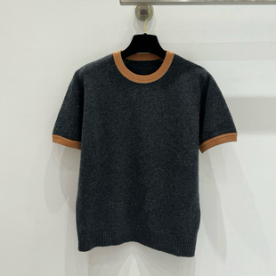 柜上3k+!高级显贵撞色羊绒针织衫短袖女圆领早春新品打底衫上衣