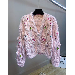 重工水钻饰 外搭 粉色手工编织毛衣外套女厚秋冬V领粗毛线针织开衫