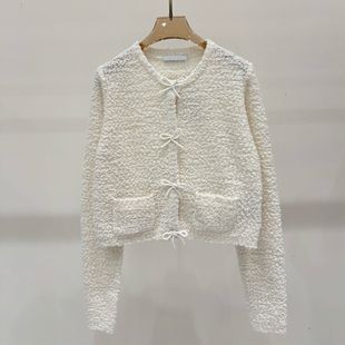 粗织纹理！法式复古蝴蝶结针织开衫女短款春秋百搭小香风毛织上衣