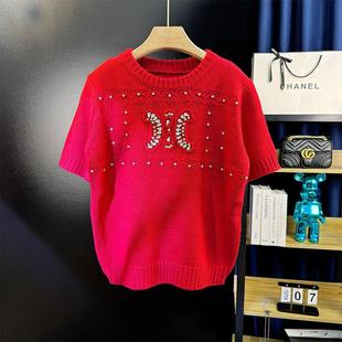 2024秋冬新款小香风凯旋门毛衣女短款软糯重工烫钻短袖针织衫上衣