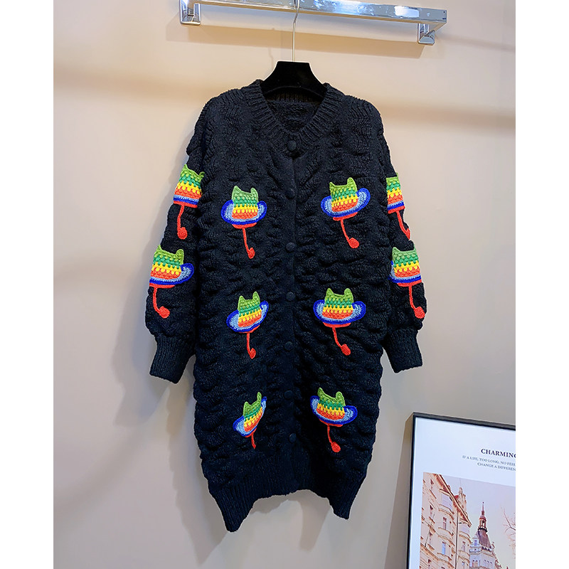 小众星球设计肌理感中长款毛衣外套女宽松慵懒风秋冬加厚针织开衫