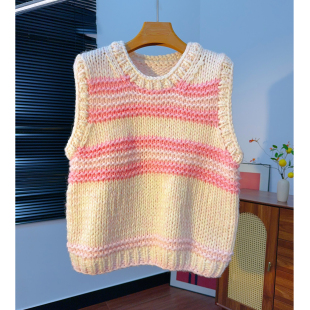 羊毛混纺纯手工编织撞色条纹针织马甲女圆领无袖 毛衣背心外搭坎肩