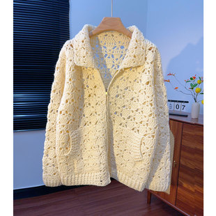 韩国设计感 重工翻领手工钩花双拉链针织开衫女宽松慵懒毛衣外套