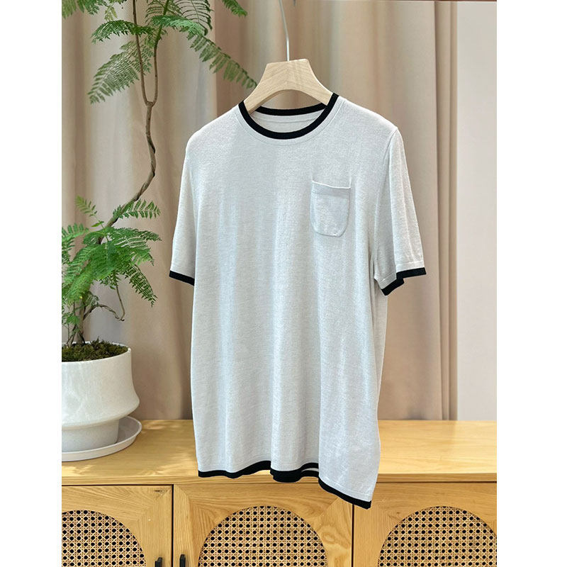 撞色真丝羊毛短袖针织衫圆领套头