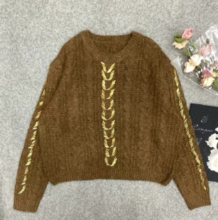 美拉德色手工钉珠绞花毛衣女套头秋冬款复古设计感洋气针织衫上衣