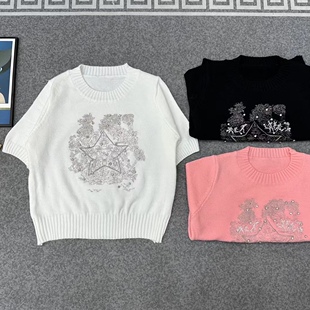 重工刺绣24早春新款上衣白色五角星镶钻套头毛衣女短款针织衫短袖