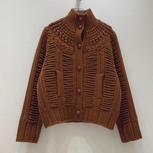 复古羊绒毛衣外套 女秋冬短款 重工肌理感 焦糖棕高领粗针针织开衫