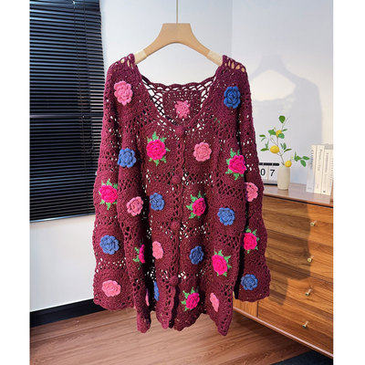 浪漫田园风 纯手工钩织镂空立体花朵针织开衫女V领中长款毛衣外套
